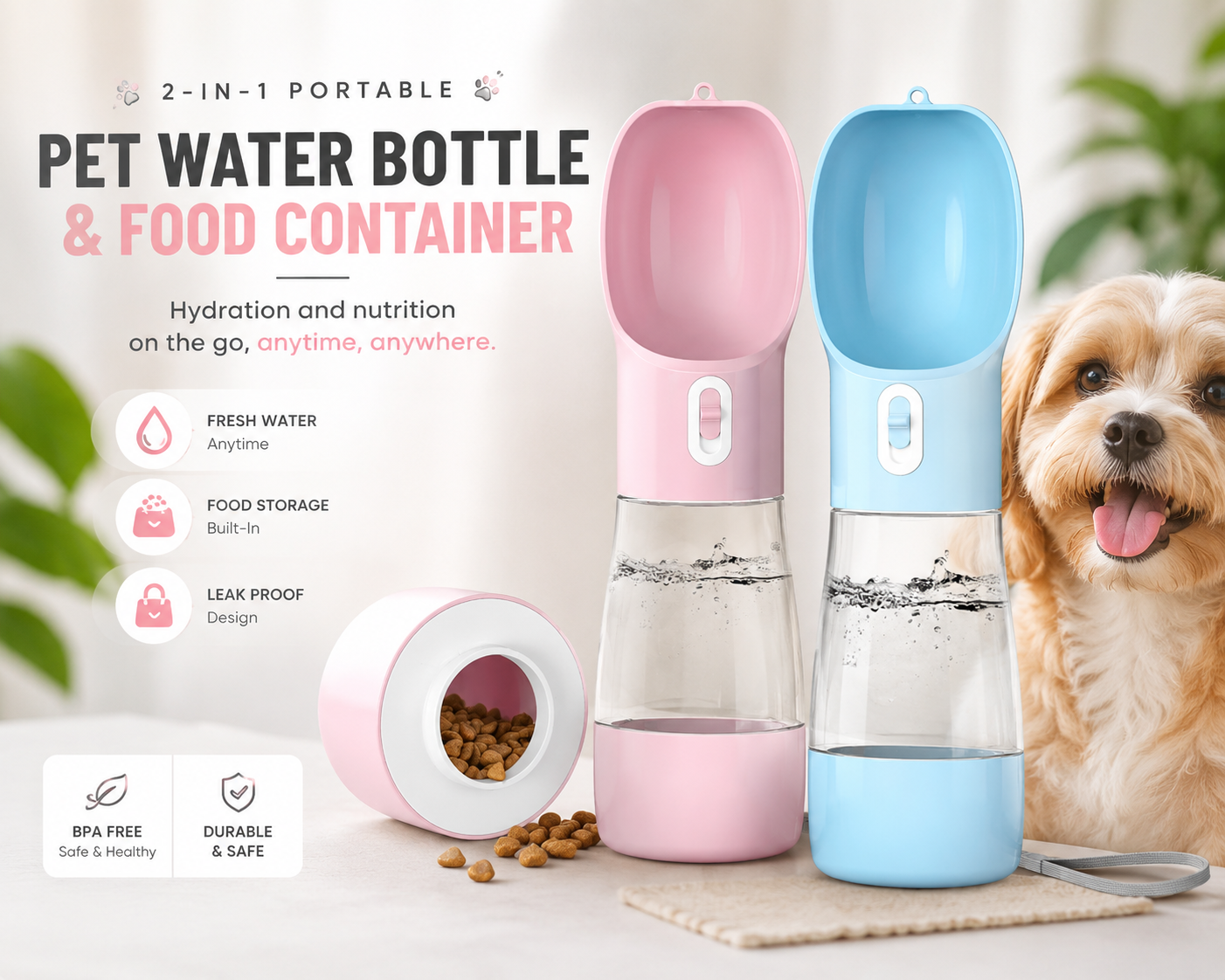 Portable 2-in-1 Pet Water Bottle & Food Container