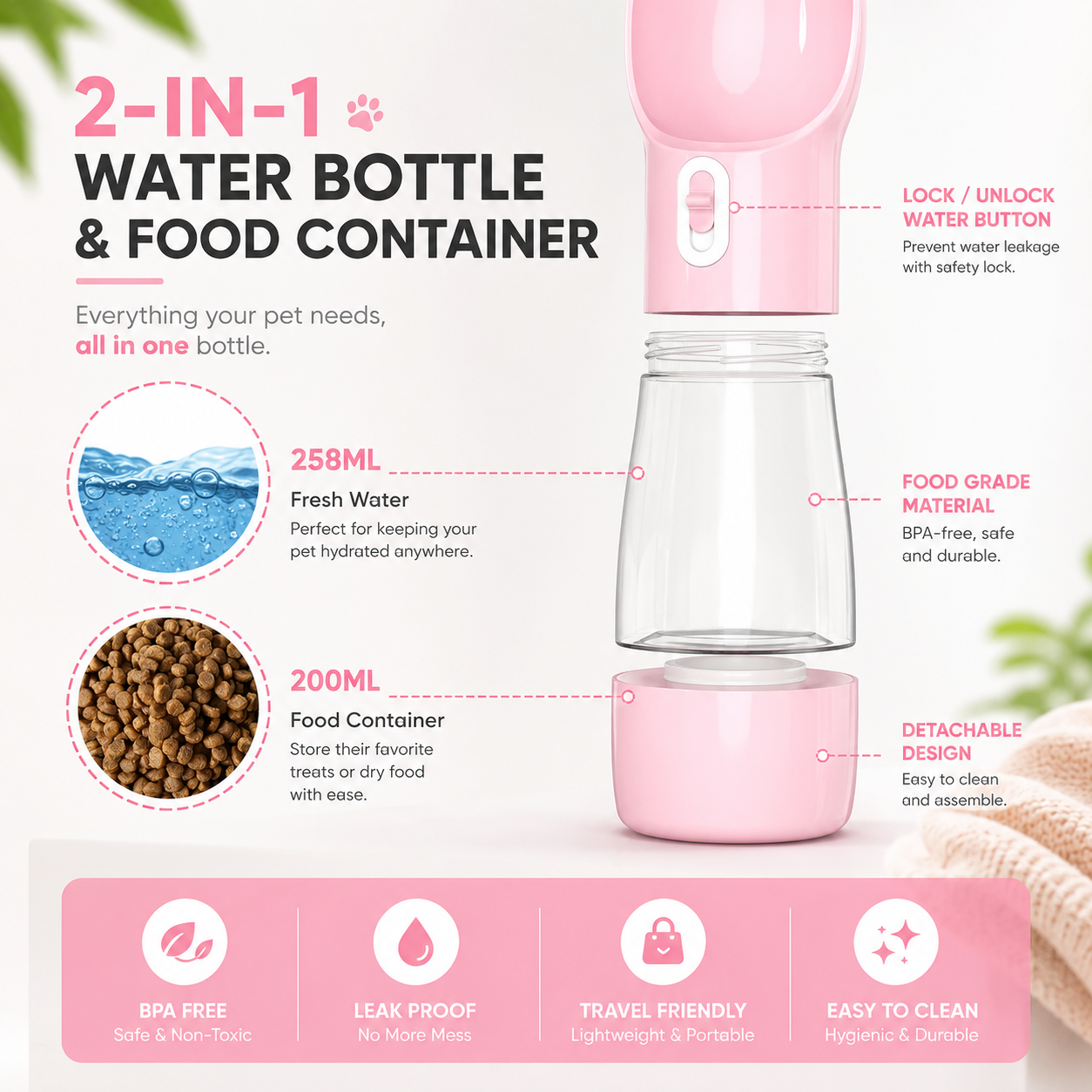 Portable 2-in-1 Pet Water Bottle & Food Container